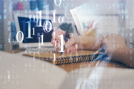 Multi exposure of woman hands on background with technology coding hologram. Data concept.
