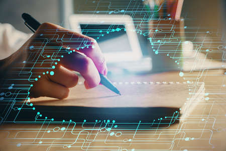 Multi exposure of womans hands on background with technology and digital coding icons. Data...