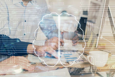 Man with computer background with brain theme hologram. Concept of brainstorm. Double exposure.