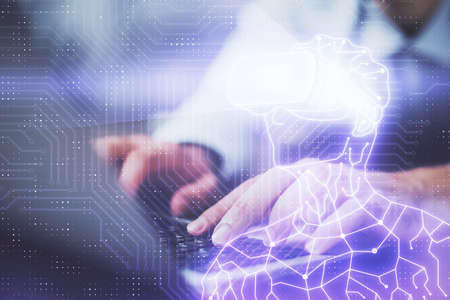 AR hologram with man working on computer on background. Augmented reality concept. Double exposure.