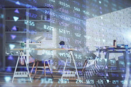 Double exposure of financial graph drawing and office interior background. Concept of stock market.