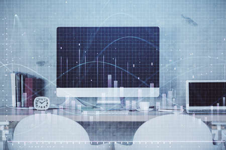 Multi exposure of stock market chart drawing and office interior background. Concept of financial...