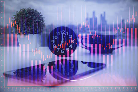 Double exposure of forex graph drawing and cell phone background. Concept of financial data analysis