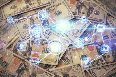 Multi exposure of social network drawing over us dollars bill background. Concept of people connection.の写真素材