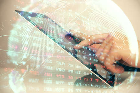 Double exposure of mans hands holding and using a phone and international business theme drawing.の写真素材