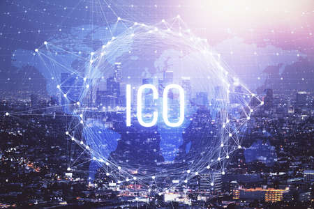 Multi exposure of cryptocurrency theme hologram drawing and city veiw background. Concept of...