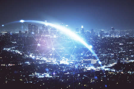 Multi exposure of social network theme drawing and cityscape background. Concept of people...