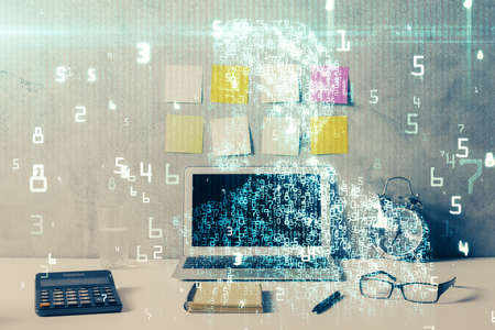 Multi exposure of table with computer on background and data theme drawing. Concept of innovation.