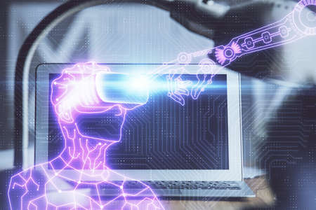 Computer on desktop with AR theme icon. Multi exposure. Concept of augmented reality.