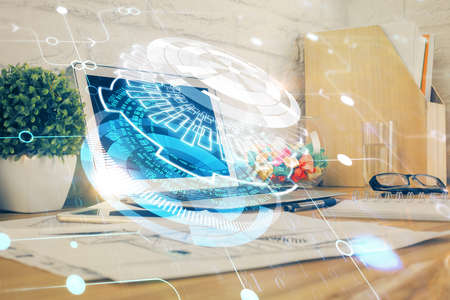 Multi exposure of desktop with personal computer and tech theme drawing. Concept of Bigdata.の写真素材