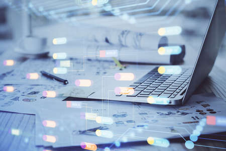 Double exposure of computer and technology theme hud. Concept of innovation.