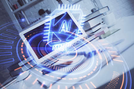 Technology theme drawing and work space with computer. Multi exposure. Concept of innovation.の写真素材