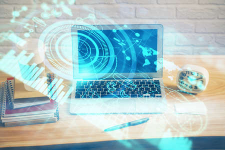 Multi exposure of business theme icons and table with computer background. Concept of success.