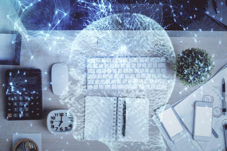Multi exposure of brain sketch hologram over topview work table background with computer. Concept of...