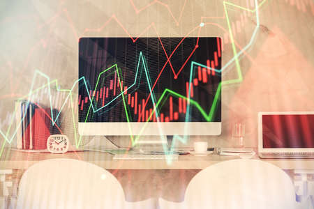 Multi exposure of stock market chart drawing and office interior background. Concept of financial analysis.の写真素材