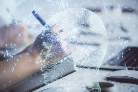 Double exposure of brain drawing over people taking notes background. Concept of Aiの写真素材