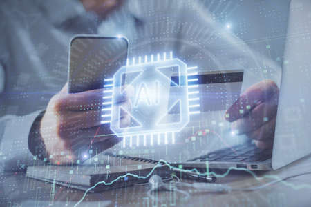 Double exposure of man hands holding a credit card and data theme drawing. E-commerce and technology...