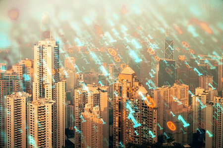 Data theme hologram drawing on city view with skyscrapers background double exposure. Technology concept.の写真素材
