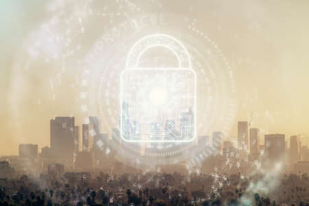 Lock icon hologram on city view with skyscrapers background multi exposure. Data security concept.の写真素材