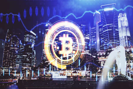 Multi exposure of cryptocurrency theme hologram drawing and city veiw background. Concept of blockchain and bitcoin.の写真素材