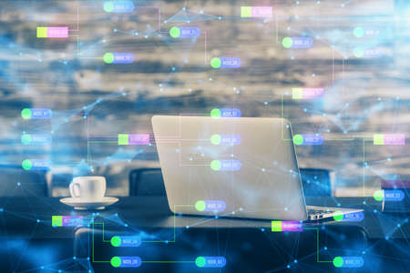 Double exposure of desktop with computer on background and tech theme drawing. Concept of big data.