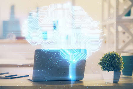 Double exposure of desktop computer and human brain drawing hologram. Ai concept.