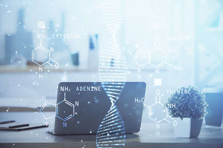 Desktop computer background and DNA drawing. Double exposure. Science concept.