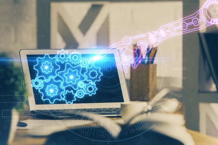Double exposure of desktop with personal computer on background and tech theme drawing. Concept of...
