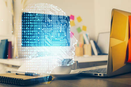 Double exposure of work space with computer and human brain drawing hologram. Brainstorm concept.