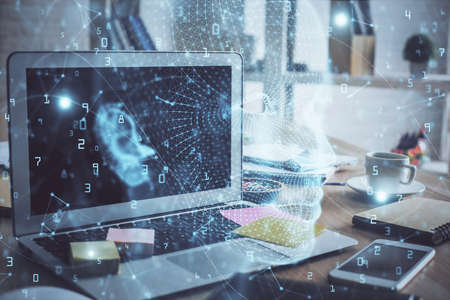 Double exposure of work table with computer and brain sketch hologram. Brainstorming concept.の写真素材