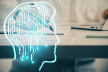 Multi exposure of womans writing hand on background with brain hologram. Concept of brainstorming.