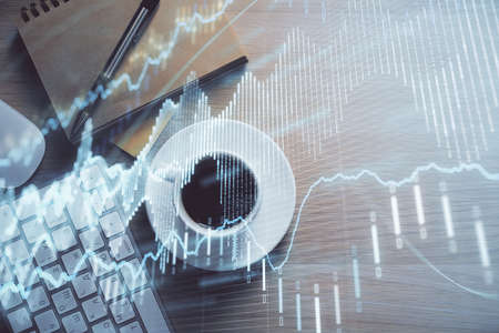 Multi exposure of forex chart drawing and work table top veiw. Concept of financial analysis.