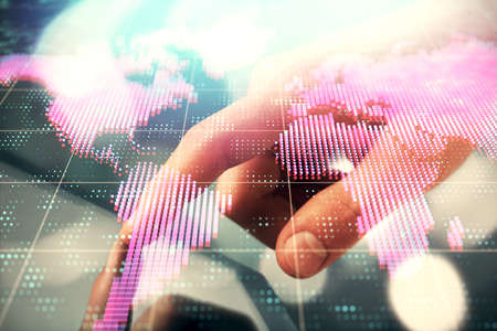 Double exposure of mans hands holding and using a phone and international business theme drawing.