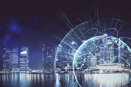 Multi exposure of social network theme drawing and cityscape background. Concept of people...