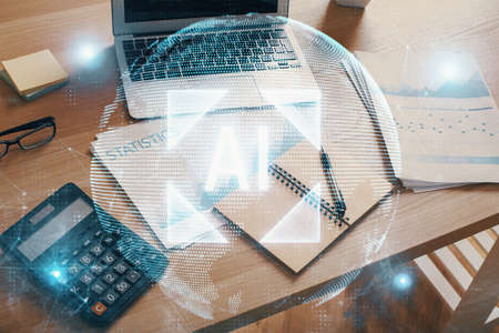 Multi exposure of desktop with computer on background and tech theme drawing. Concept of big data.