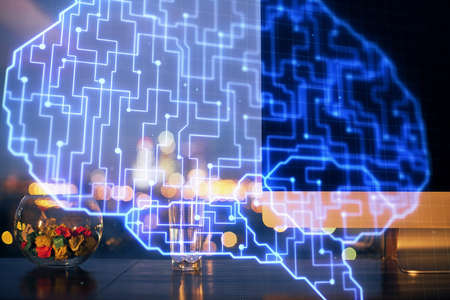 Double exposure of desktop computer and human brain drawing hologram. Ai concept.