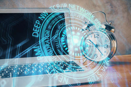 Double exposure of desktop with computer on background and tech theme drawing. Concept of big data.