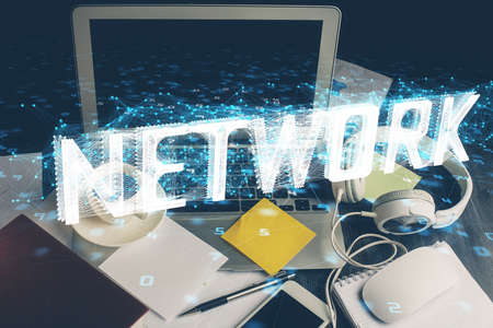 Double exposure of desktop with computer on background and tech theme drawing. Concept of big data.
