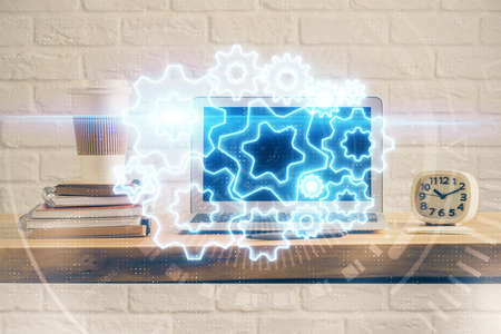 Multi exposure of business theme icons and table with computer background. Concept of success.