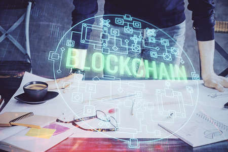 Businessman with hands background. Multi exposure with crypto currency concept.の写真素材