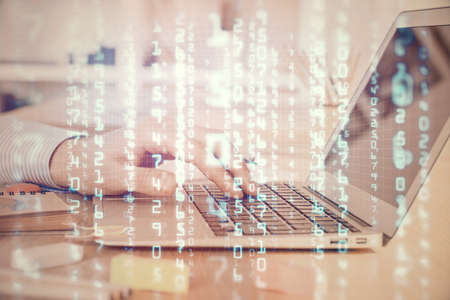 Businessman working on Laptop with technology theme drawing. Concept of big data. Double exposure.