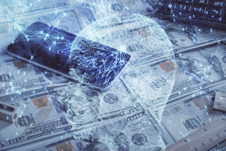 Double exposure of brain drawing over us dollars bill background. Technology concept.