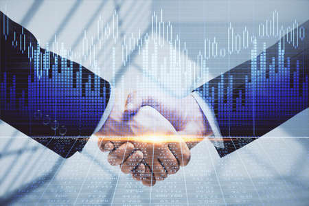 Double exposure of forex graph hologram and handshake of two men. Stock market concept.
