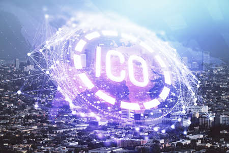 Double exposure of crypto currency theme hologram drawing and city veiw background. Concept of...
