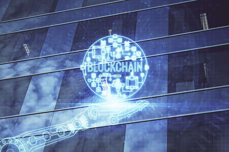 Multi exposure of cryptocurrency theme hologram drawing and city veiw background. Concept of blockchain and bitcoin.の写真素材