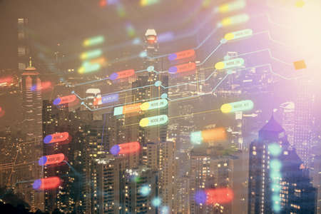 Data theme hologram drawing on city view with skyscrapers background double exposure. Ai concept.