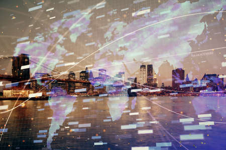 Data theme hologram drawing on city view with skyscrapers background multi exposure. Ai concept.