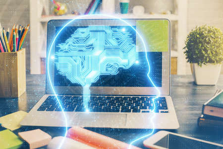 Double exposure of desktop computer and human brain drawing hologram. Ai concept.