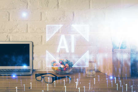 Double exposure of desktop with personal computer on background and tech theme drawing. Concept of...