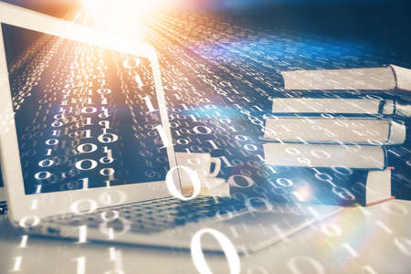 Double exposure of desktop with personal computer on background and tech theme drawing. Concept of...